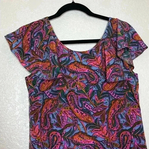 J. Crew Silk Dress Paisley Vibrant Pink Blue Ruffle Sleeves Short Mini - Picture 4 of 11